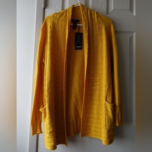 Olsen Bright Mustard Yellow Open-Front Shawl Collar Cardigan